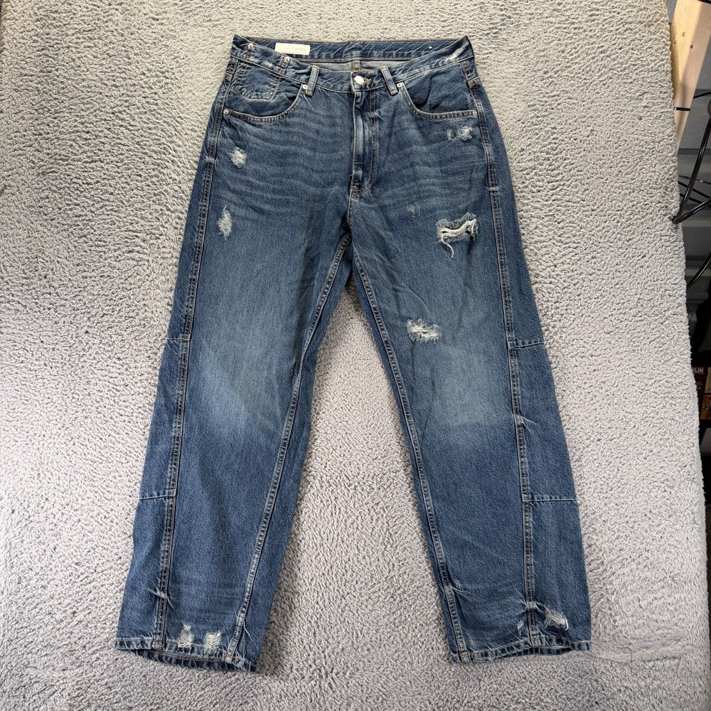 Zara Jeans Mens 34x32 Blue Cotton Denim Straight Baggy Travel Faded Distressed